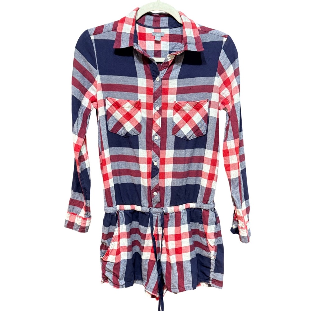 Aerie‎ Blue Red Plaid Long Sleeve Button Down Romper Small Americana Preppy